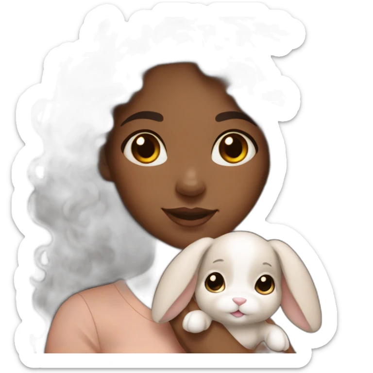 black woman dark long curly hair holding cute floppy eared light brown bunny sticker