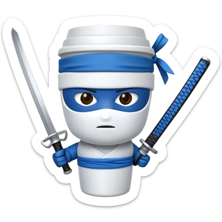 A cartoon to-go coffee cup with a blue ninja headband around the lid and holding a katana sword sticker