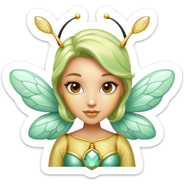 Mint green woman bee with diamond wings, sparkly rhinestones, and glitter accents sticker