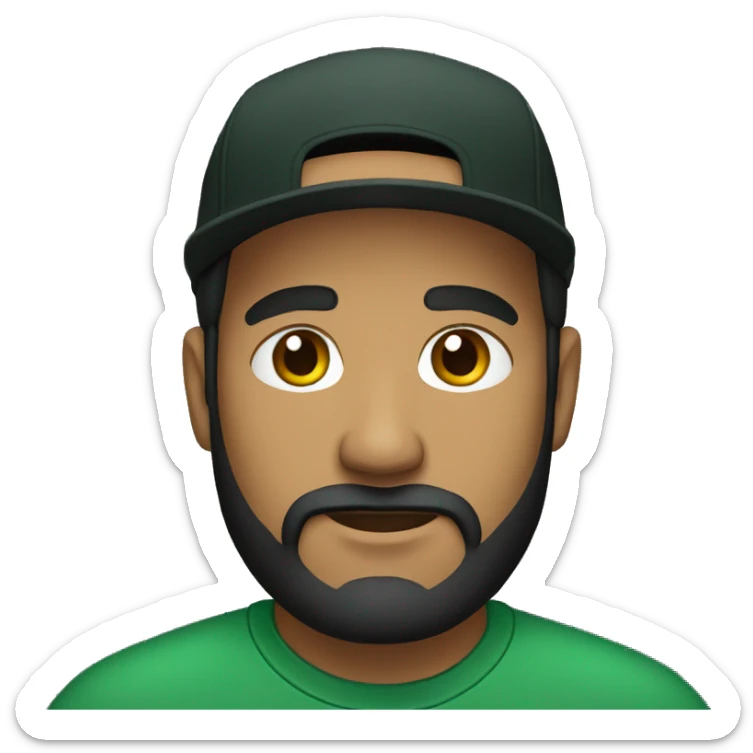 brown man with a dark beard, dark eyes, dark green t-shirt and a BLACK BLACK cap sticker