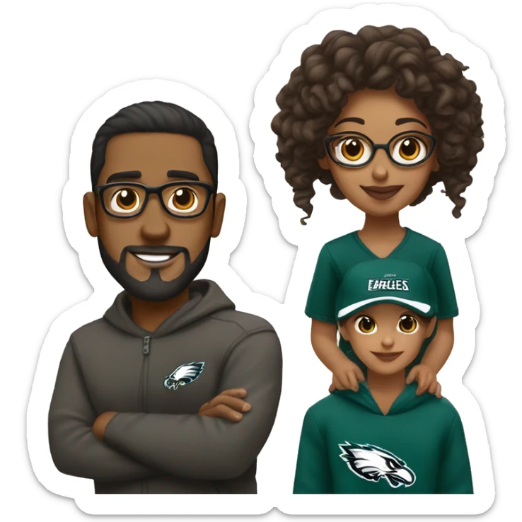 Brown guy with no glasses with a beard and mustache holding a brown girl wearing glasses and hair in a bun wearing Philadelphia eagles clothing sticker