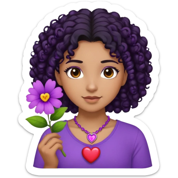 IíUma menina cabelo crespo morena uma blusa roxa com um colar de coração e uma flor roxa do lado direito do cabelo sticker