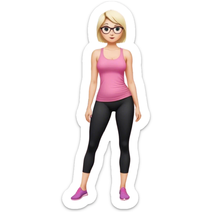 Full body view, fair skinned woman, curvy, short blond hair, small reading glasses, cooking dinner in kitchen, pink loose tank top, showing natural B cup breast shape SFW, black yoga pants, large curvy booty sticker