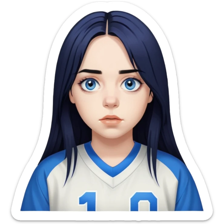 billie eilish long black hair blue eyes dark eyeliner makeup, wearing jersey sticker