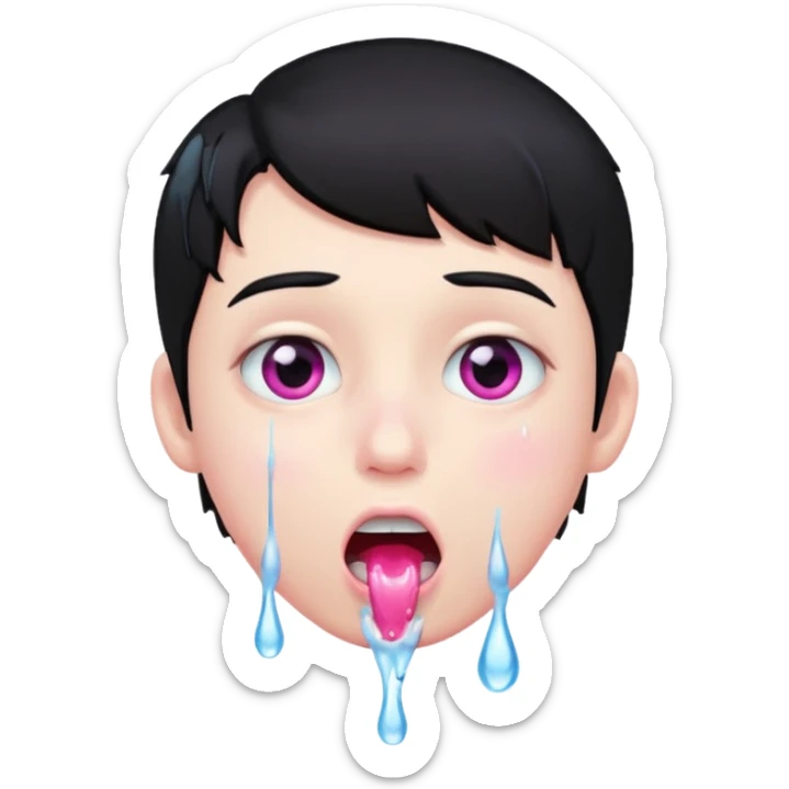 Boy with black hair, pink eyes rolled back, mouth open , water drop dripping from lips sticker