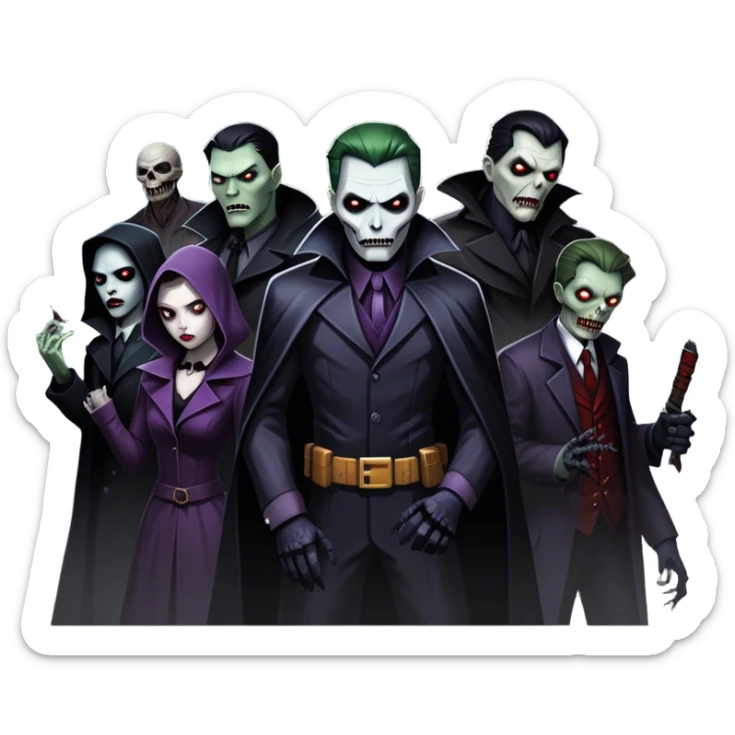 Icon for Thriller Movies: A large, dramatic collage featuring sinister villains and zombies in dark clothing. The background shows the gloomy cityscape of Gotham with dim lighting and eerie shadows. The atmosphere should be tense, mysterious, and suspenseful. Transparent background. sticker