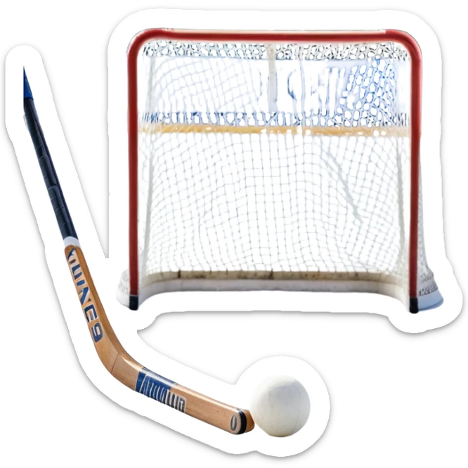 A ball and hockey stick resting on an ice rink, with the goalposts and clear markings in the background. The scene captures the unique nature of field hockey with a ball on ice, emphasizing the speed and precision of the sport in a cold, competitive atmosphere. sticker