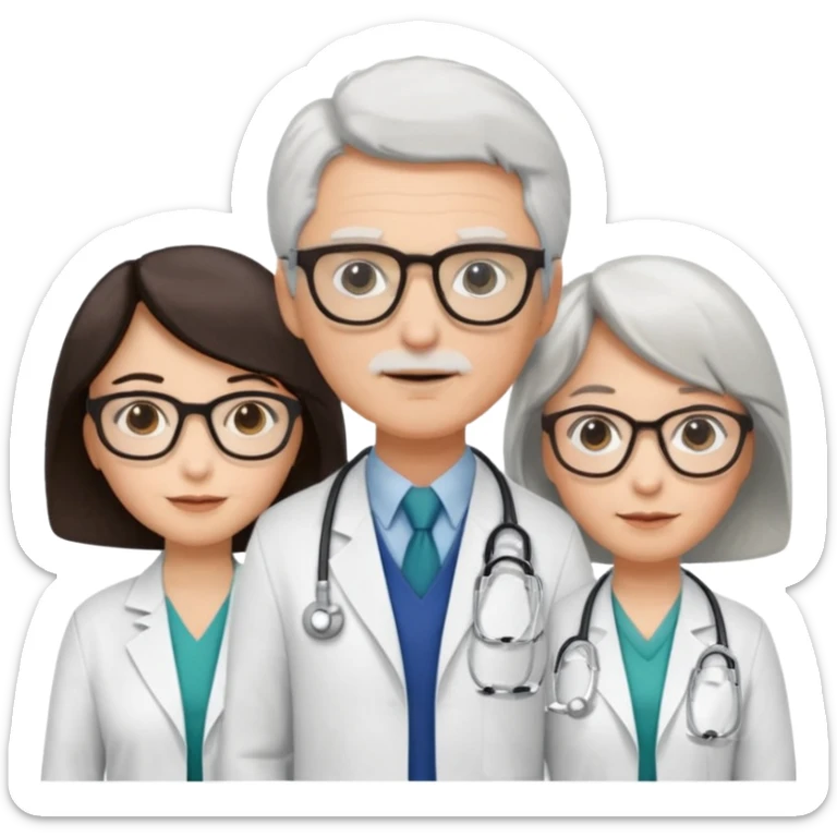 Four doctors standing together:

a female doctor with dark-colored short bob hair,

a young male doctor,

an older male doctor with white hair wearing glasses,

and a female doctor wearing glasses. sticker