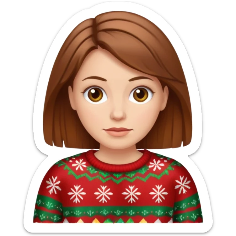 white woman with brown hair wearing an ugly sweater sticker