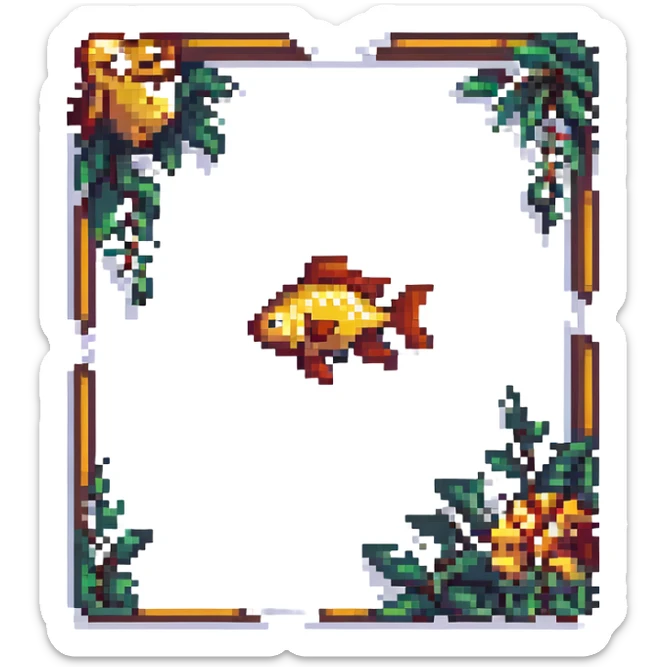 Transform the golden fish pixel art into a fancy seal or logo icon. Add elegant borders and a sense of prestige while maintaining the pixel art style. Keep the background transparent with no background fill. sticker
