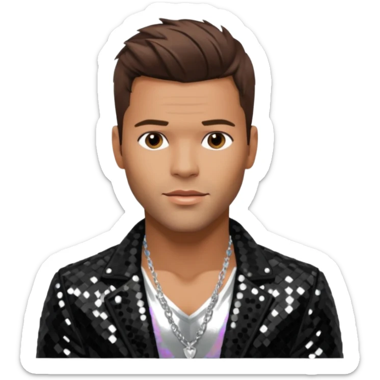 Ricky Martin with brown hair, black sequin jacket, shirtless with necklace sticker