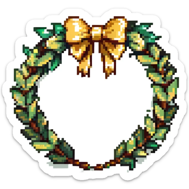 A laurel wreath made of fresh or natural-looking laurel leaves, neatly woven into a circle. The leaves are glossy, rich green, with golden veins. The wreath is adorned with a thin golden ribbon tied in a bow at the back. sticker