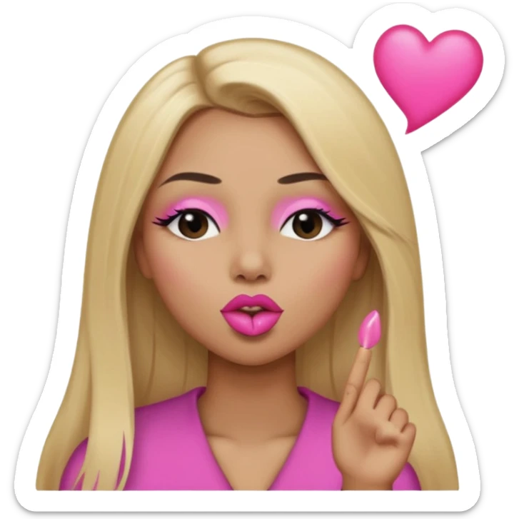 Mujer color de piel moreno claro, con cabello rubio largo, lacio y suelto, ojos negros, labios rosa, mandando un beso con un ojo cerrado  sticker