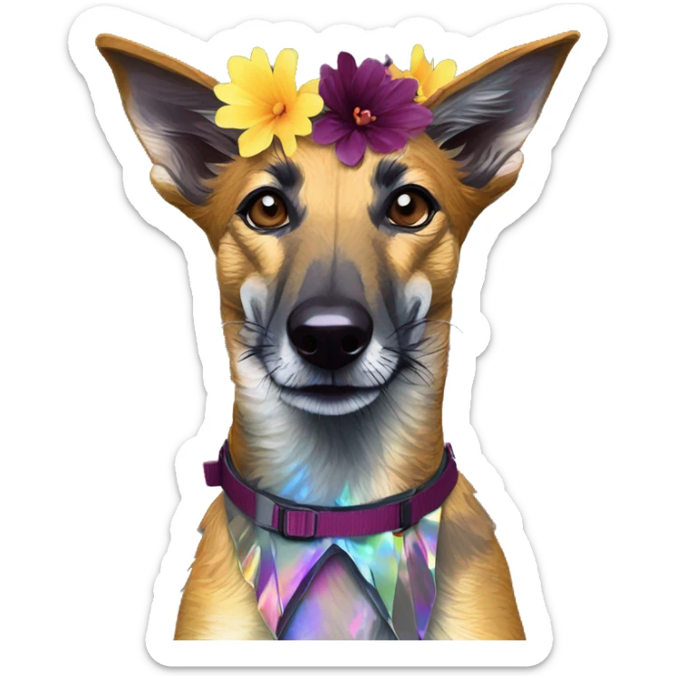  brindle brown black maroon gold lurcher Alsatian fox running blue eyes and iridescent holographic oilslick harness wearing paper iridescent tropical flower crown yellow caution tape sticker