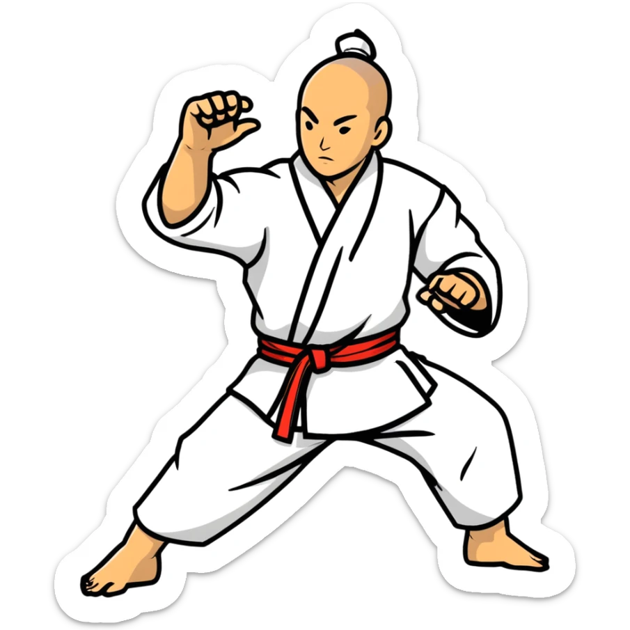 Martial artist in dynamic kung fu pose, wearing traditional loose outfit with sash sticker