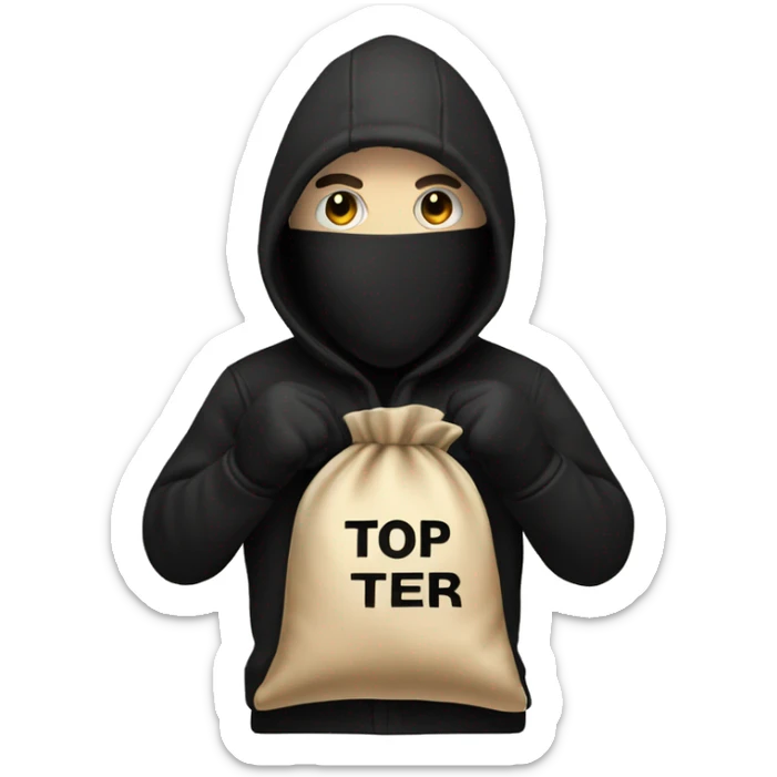 Thief wearing all black clothes actively stealing a beige money bag with the words Top Tier embroidered on it sticker