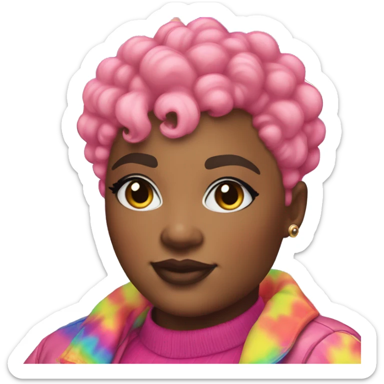 Plus size black woman with chinky eyes, pink curly pixie cut hair and a rainbow tie dye bubble jacket  sticker