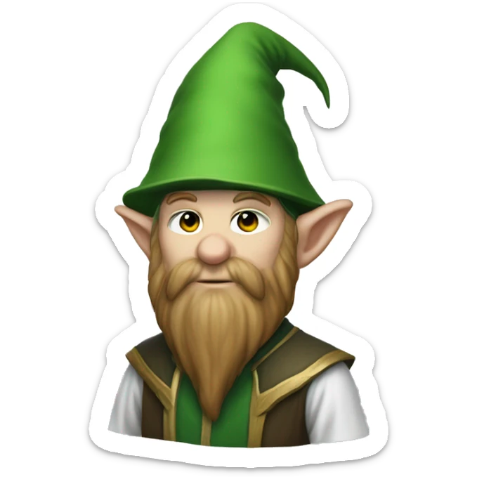 World of warcraft wizard gnome. Short hair, long beard, white hat, green outfit sticker