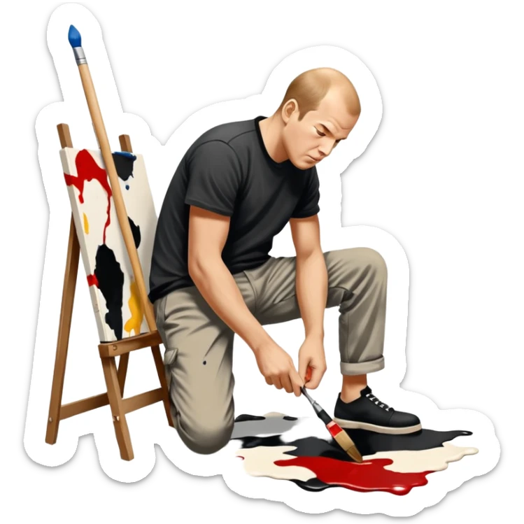 Jackson pollock the abstract artist leaning over to flick black white and red paint from a brush onto a canvas at his feet sticker