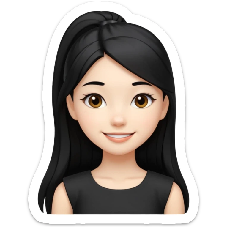 Juni – Cewe ramah  Kulit putih bersih, rambut hitam panjang sleek lurus, diikat half ponytail. Pakai peplum item .  tatapan percaya diri senyum. sticker