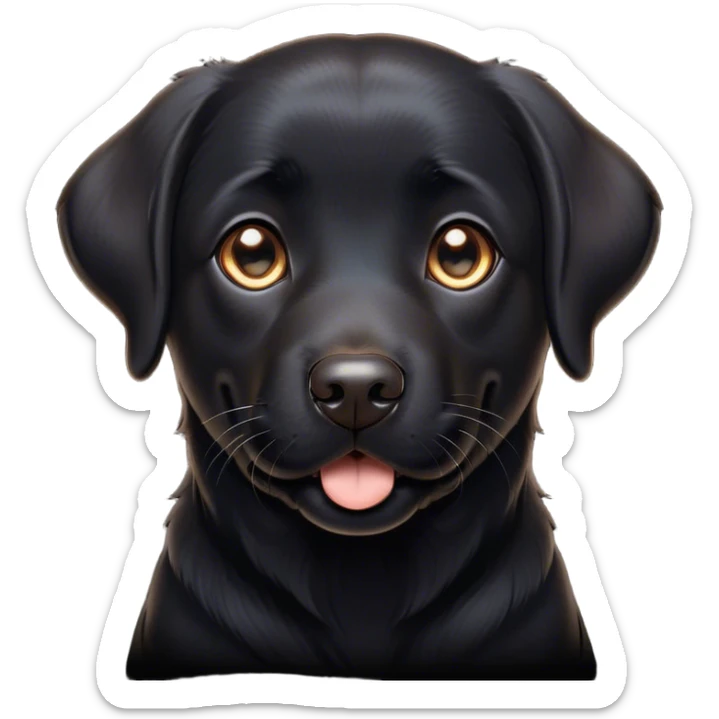 Cinematic Cute Black Labrador Portrait Emoji, Head tilted playfully and inquisitively, featuring a glossy black Fur with a healthy sheen, round, sparkling brown eyes filled with curiosity, Simplified yet irresistibly adorable features, highly detailed, glowing with a warm, friendly glow, high shine, affectionate and spirited, stylized with a touch of whimsy, bright and endearing, soft glowing outline, capturing the essence of a mischievous yet loving companion, so playful it feels like it could dash out of the screen and into your arms! sticker