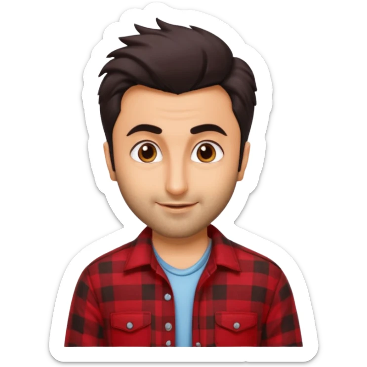generate a pretty bratz emoji 
Make her look like Ranbir kapoor wearing a red flannel shirt, smirking

She should look exactly  like ranbir kapoor!  sticker