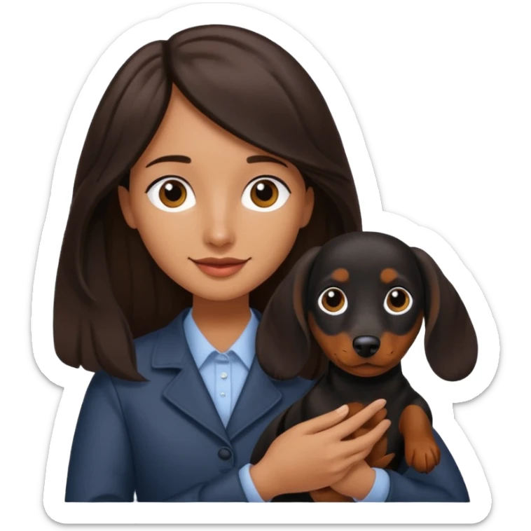 A dark brown long haired a lil bit wavy hair holding a daschund dog black sticker