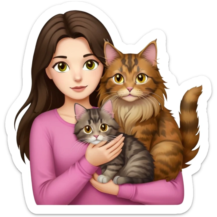 Brunette with brown eyes and long eyelashes, dressed in a pink long sleeve, holds in her hands a Maine Coon cat of tortoiseshell color, a cat with yellow eyes, in her other hand she holds a silver Maine Coon cat with yellow-green eyes.  sticker