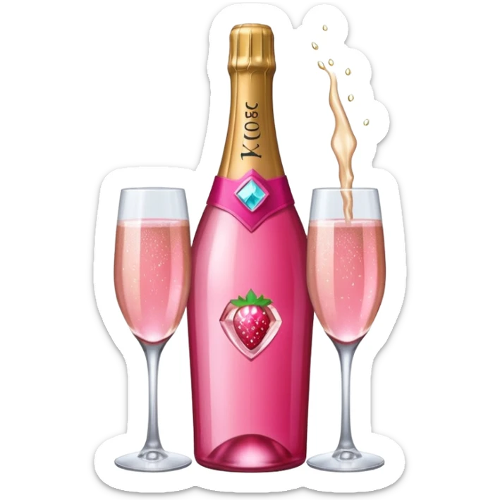 Realistic sparkling diamond glam hot pink champagne bottle with hot pink champagne in glass with strawberry ì> sticker