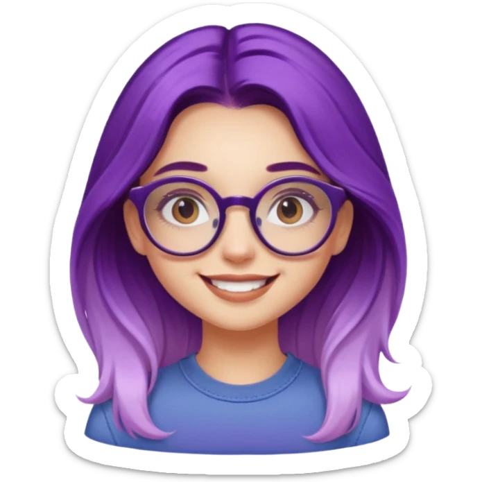 smiling influencer girl, young, long purple ombre hair, retro round glasses, trendsetter sticker