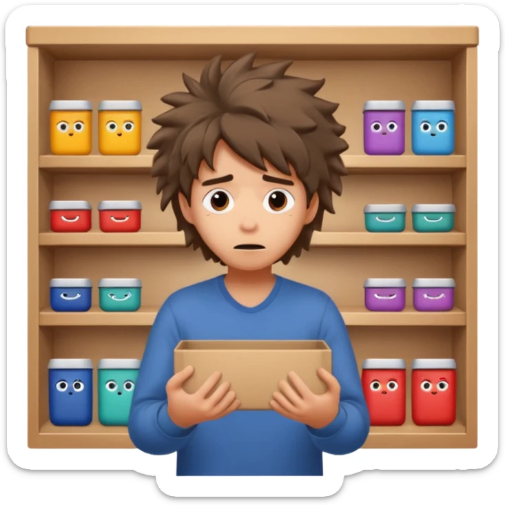 verzweifelte Person sucht in einem Regal, ausdrucksstarkes Gesicht, Hände durchsuchen Regalfächer, Emotion: Verzweiflung sticker