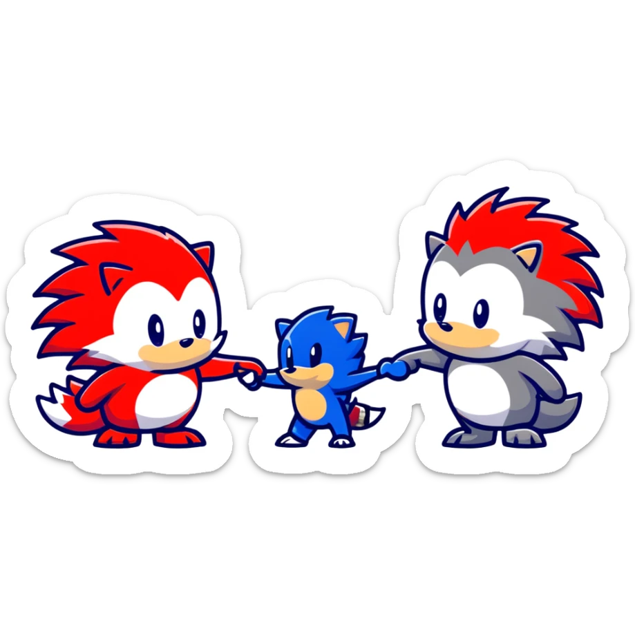 Sonic the blue hedgehog, Shadow the black and red hedgehog, and baby Silver the white hedgehog holding hands together in a line sticker