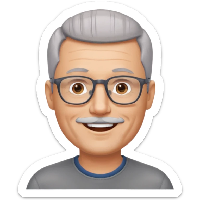54 year old man, short shaved grey hair, full short, shaved beard stubble, glasses sticker