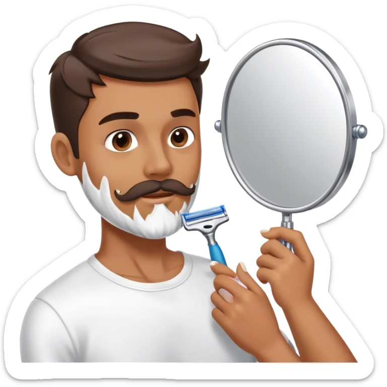 a man standing in front of a mirror, holding a razor, about to shave his beard. his face shows focus and precision, with shaving cream applied along his jawline. the setting is a clean, modern bathroom with good lighting sticker