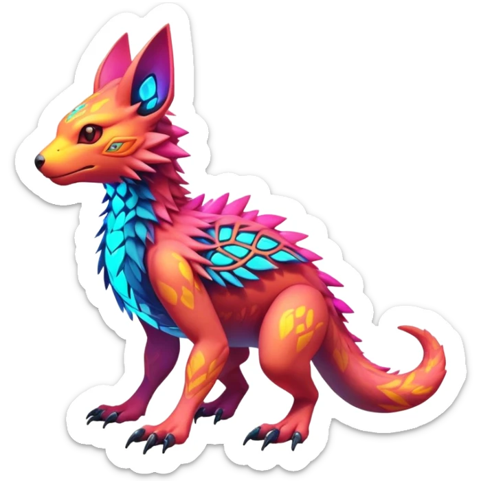Tropical futuristic lush warm-colored modern colorful neon-colored Fakémon-Digimon-Trico-Vernid-creature sticker