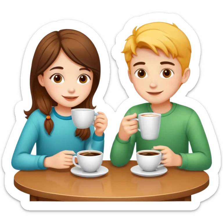 bright and cheerful boy and girl sitting at a table sipping coffee sticker