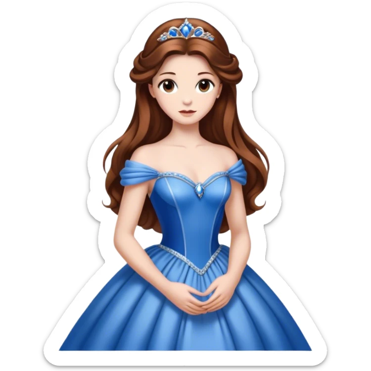 Cinematic Elegant Belle Portrait Emoji, rendered in a realistic, vector-style with minimal shading and bold, simplified shapes. Depict Belle (chest and above) with fair, luminous skin, deep brown expressive eyes, and long, flowing chestnut hair styled elegantly, wearing her classic blue ball gown. The image glows with a soft, warm radiance and high shine, capturing timeless refined beauty. sticker
