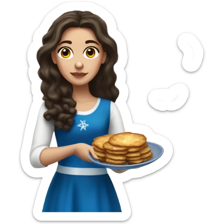 White girl in a dress for Hanukkah with long dark brown hair holding latkes sticker