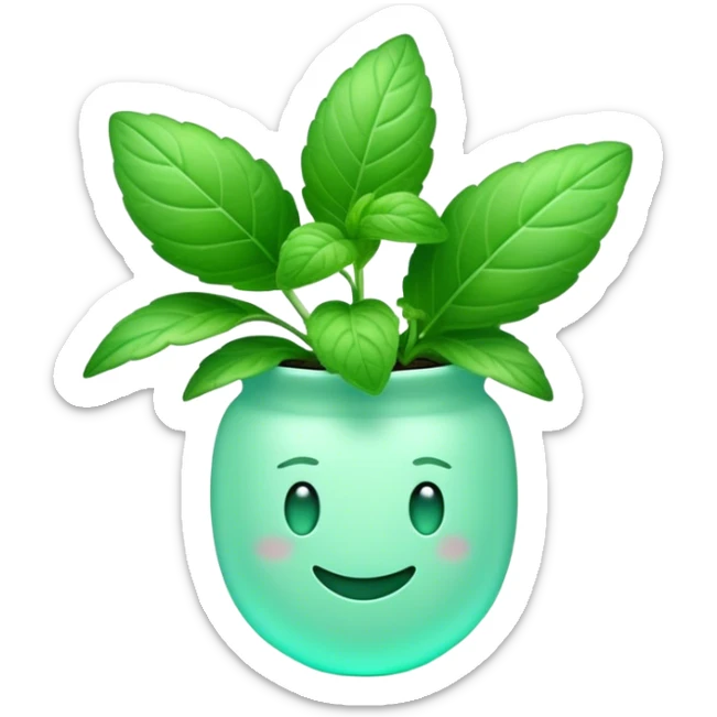 Cinematic Realistic Mint Emoji, Fresh and lively, with deep green leaves covered in tiny veins, emanating a cool, refreshing aroma. The plant’s soft, rounded edges sway gently in the breeze, inviting calm and relaxation. Soft glowing outline, capturing the essence of freshness and cooling fragrance in a fragrant mint plant! sticker