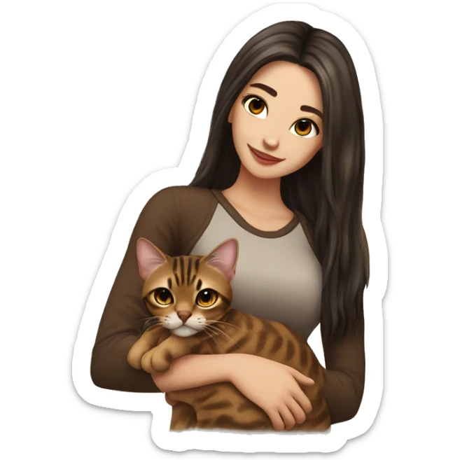 Beautiful woman long dark brown hair hug bengal cat sticker