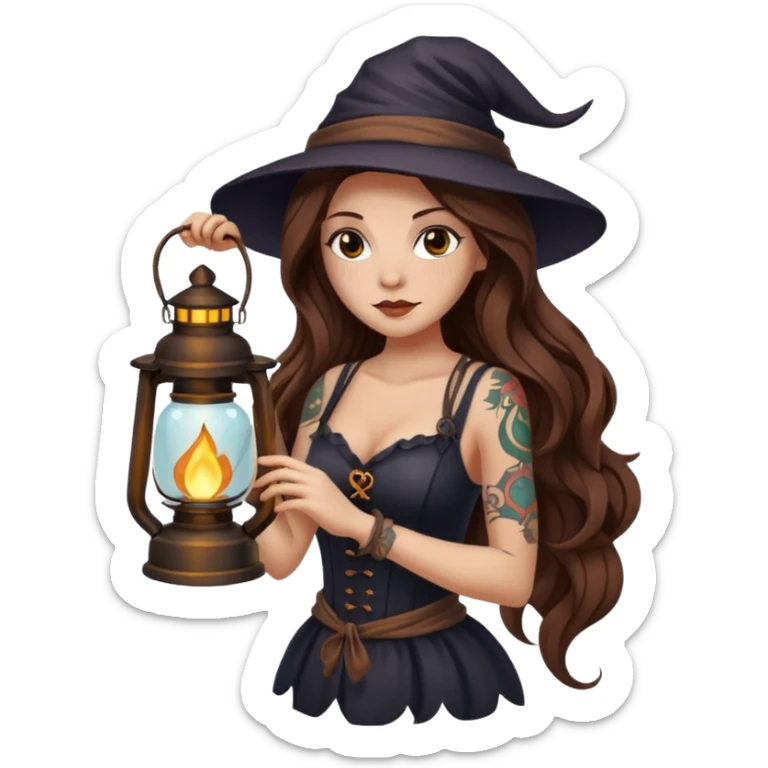 tired night witch woman long wavy brown hair tattoos holding lantern sticker