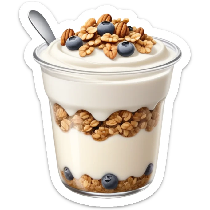 Greek yogurt cup with protein granola and chia seeds sprinkled on top sticker