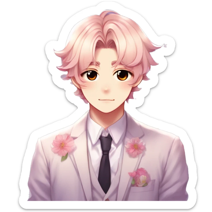 Gorgeous romantic hot attractive anime style formal modern gentlemanly anime shojo guy with pretty hair and flower petals and blushing face aesthetic trending style with colorful gradient colors  pastelcore cottagecore kawaiicore sticker