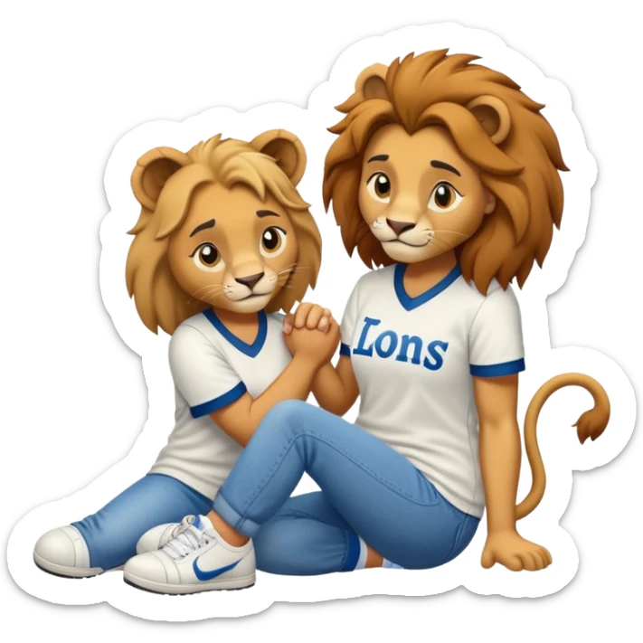 friendly anthropomorphised female lion wearing a baseball shirt, jeans, and trainers, on her hunches, comforting a friend sticker