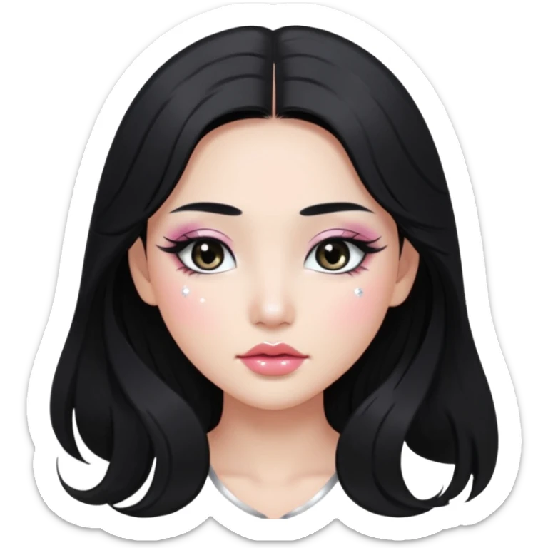 asian long black hair silver grey eyes glossy lips glittery white eyeshadow girl sticker
