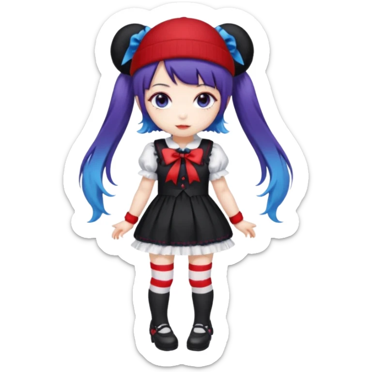 Chibi kawaii, violet eyes, black-blue twin tails, red ribbons, red beanie, black & white lolita dress with red accents, white thigh-highs, black mary janes, cute aesthetic. sticker