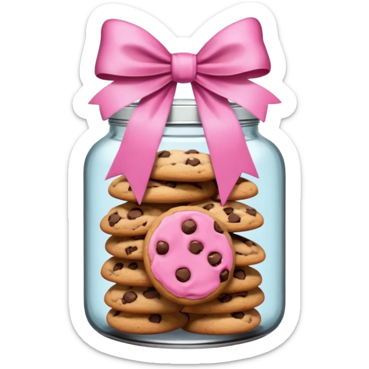 Pink jar of chocolate chip cookies with a bow in middle sticker