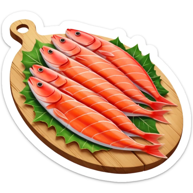 Draw raw fish fillets arranged on a wooden board with skin & flesh texture visible. sticker