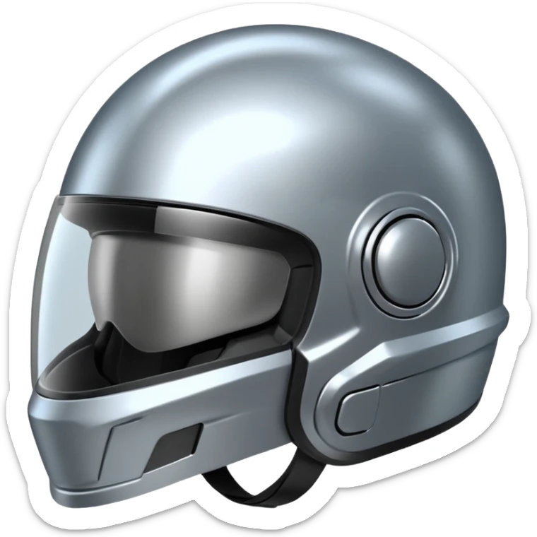 A futuristic helmet emoji made of silver chrome, smooth aerodynamic shape, minimal visor detail, reflective metallic surface, sci-fi aesthetic, iOS emoji style, centered on clean white background sticker