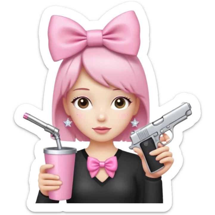 Minimalist figure with a cute pink aesthetic. It has a sparkly pink bow on its head, a pink gun keychain hanging nearby, and is holding a large plain pink tumbler cup. The background is simple white with a soft shadow for a clean look. sticker